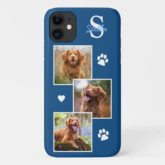 Funda De Case-Mate Para iPhone Collage de fotos de perro Monograma Mascota azul (Reverso)