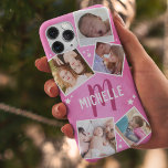 Funda Para iPhone 11 Pro Collage de fotos familiar Girly Pink<br><div class="desc">Estuche de iphone giratorio personalizado con un fondo de textura rosa de moda,  5 fotos familiares,  estrellas blancas,  tu nombre inicial y nombre.</div>