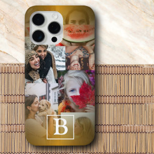 Funda Para iPhone 15 Pro Max Collage de fotos Faux Gold y monograma modernos