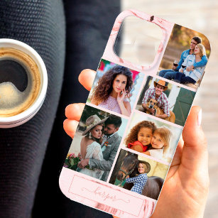 Funda Para iPhone 13 Pro Max Collage de fotos personalizado de 6 en mármol rosa