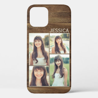 Funda Para iPhone 12 Collage de fotos selfie de madera rústica