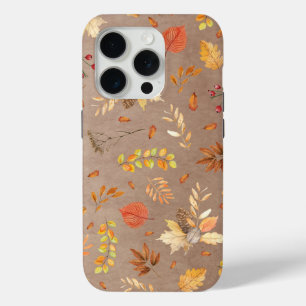 Funda Para iPhone 15 Pro Collage de hojas de otoño sobre marrón
