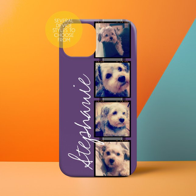 Funda De Case-Mate Para iPhone Collage de Instagram - 4 fotos de fondo morado (Personalized Phone Case with 4 Photos and Custom Text)
