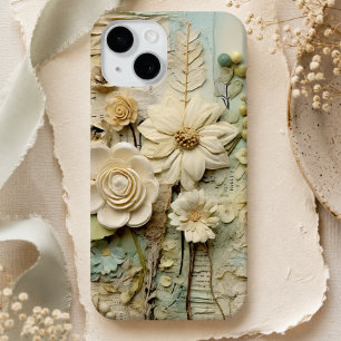 Funda Para iPhone 15 Collage de Medios Mixtos Florales de Crema Vintage