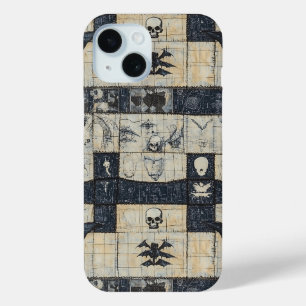 Funda Para iPhone 15 Collage de mezclilla de cráneo gótico y murciélago