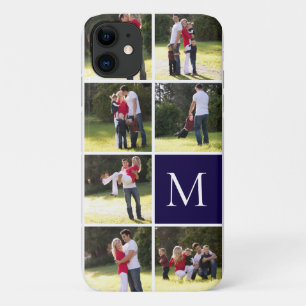 Funda Para iPhone 11 Collage fotográfico moderno y azul marino monogram