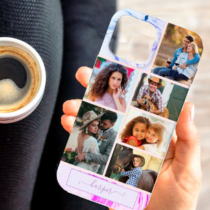 Funda Para iPhone 13 Pro Max Collage personalizado de 6 fotos mármol rosa púrpu
