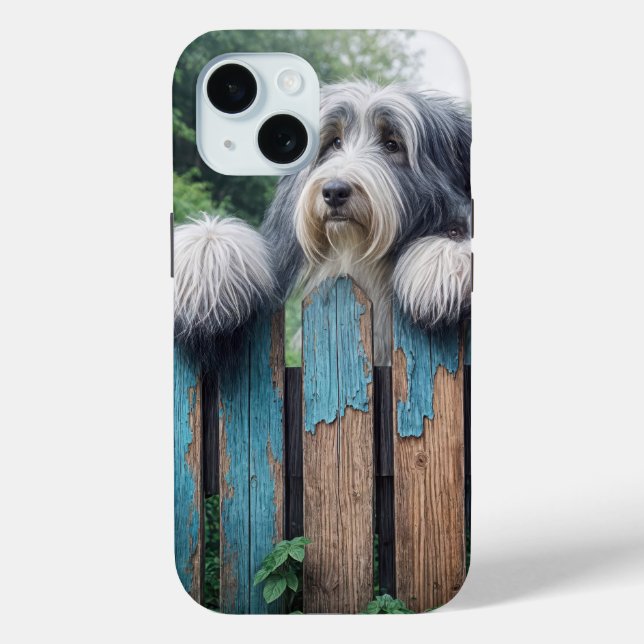 Funda De Case-Mate Para iPhone Collie con barba, mirando sobre la antigua valla (Reverso )