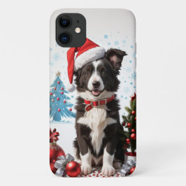 Funda Para iPhone 11 Collie Fronteriza Cuppy usando un Gorra de Navidad