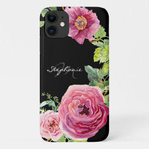 Funda Para iPhone 11 Color de agua floral moderno negro y rosado color