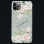 Funda Para iPhone 11 Pro Max Color de agua floral Oro verde rosado personalizad<br><div class="desc">Elegantes hojas de oro con flores color de agua rosa y azul sobre un fondo verde sabio. Añade tu nombre para hacer que este estuche de teléfono sea hermoso. Este estuche de teléfono es perfecto para ti. Tan moda y sofisticada. Zazzle garantiza un 100% de atención al cliente y satisfacción....</div>