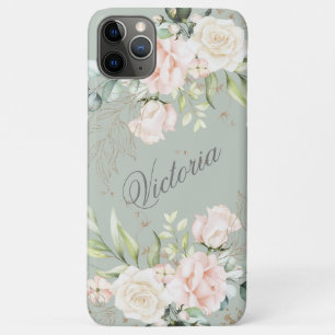 Funda Para iPhone 11 Pro Max Color de agua floral Oro verde rosado personalizad