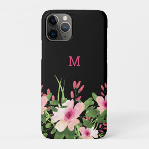 Funda Para iPhone 11 Pro Color De Agua Floral Rosa En Monogramo Negro