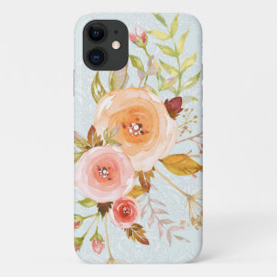 Funda Para iPhone 11 Color de agua moderno Azul n Rosa Floral Rosa
