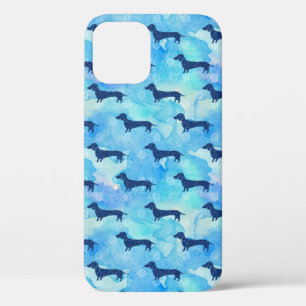 Funda Para iPhone 12 Color de agua Purpurina azul Patrón Dachshund Cl 