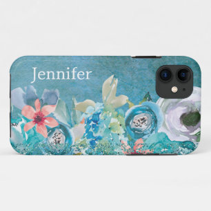 Funda Para iPhone 11 Color de agua rosa y verde azulado floral personal