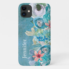 Funda Para iPhone 11 Color de agua rosa y verde azulado floral personal