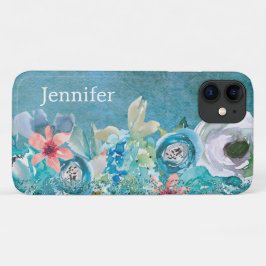 Funda Para iPhone 11 Color de agua rosa y verde azulado floral personal