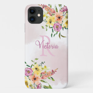 Funda Para iPhone 11 Color de la acuarela rosa floral Monograma moderno