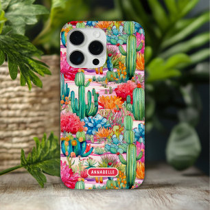 Funda Para iPhone 15 Pro Max Colorido Cactus Floral Preppy Nombre Personalizado