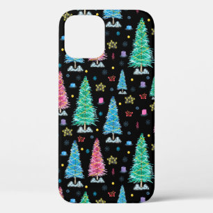 Funda Para iPhone 12 Coloridos árboles de Navidad en la noche de la Nav