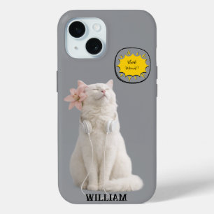 Funda Para iPhone 15 COMPRUEBA MEO Gato Blanco con Auriculares – Person