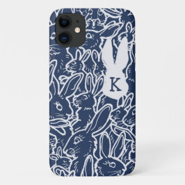 Funda Para iPhone 11 Conejo azul de la marina dibujando divertido monog