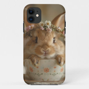 Funda Para iPhone 11 Conejo lindo con una corona floral en una taza
