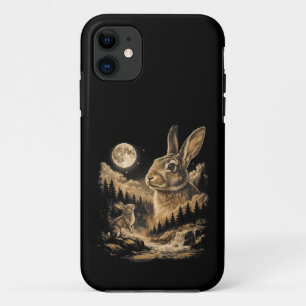 Funda Para iPhone 11 Conejo Vintage Aullando a la Luna Arte Nocturno de