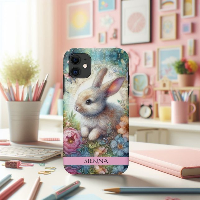 Funda De Case-Mate Para iPhone Conejo y Flores de Acuarela Artística Fantasía (Subido por el creador)