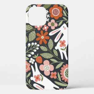 Funda Para iPhone 12 Conejos blancos, patrón de cosecha floral.
