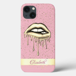 Funda Para iPhone 13 Confeti, Franja Dorada, Labios Goteantes Metálicos