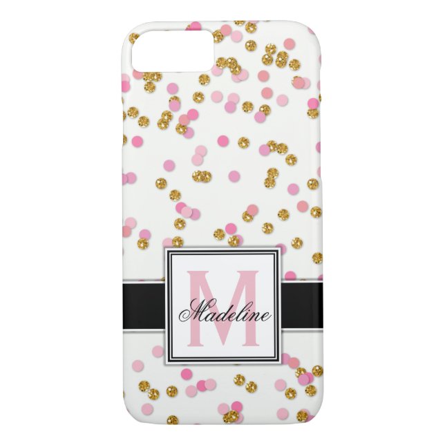 Funda De Case-Mate Para iPhone Confetti Purpurina rosa y dorado, monogramado (Reverso)