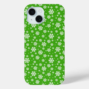 Funda Para iPhone 15 Copo de Nieve Blanco sobre Patrón de Invierno Verd