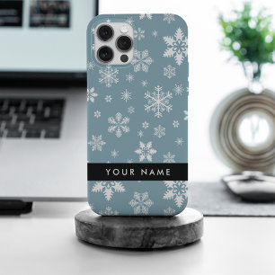 Funda Para iPhone 15 Pro Max Copos de nieve blancos, gris, tu nombre, personifi