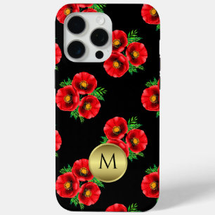 Funda Para iPhone 15 Pro Max Copos florales negros y rojos monogramados