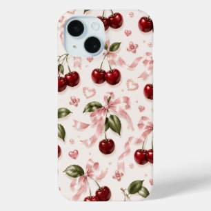 Funda Para iPhone 15 Coqueta Cereza y Lazo de Satén Rosa Patrón Sin Cos