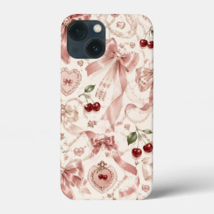 Funda Para iPhone 13 Mini Coqueta Vintage Rosa Lazo y Estética de Cereza