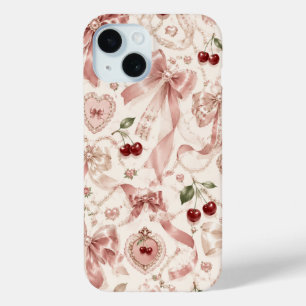 Funda Para iPhone 15 Coqueta Vintage Rosa Lazo y Estética de Cereza