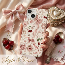 Funda Para iPhone 14 De Case-Mate Coqueta Vintage Rosa Lazo y Estética de Cereza