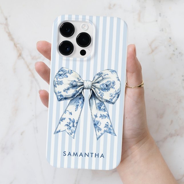 Funda De Case-Mate Para iPhone Coquette Moderno Blue Stripes Girly Bow Nombre per (Modern Coquette Blue Stripes Girly Bow Custom Name Case-Mate iPhone Case for Her)