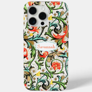 Funda Para iPhone 15 Pro Max Coral Amarillo Verde Oro Vintage Floral Damasco