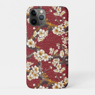 Funda Para iPhone 11 Pro Coral Crema Flor de Ciruelo Japonés Patrón Burgund