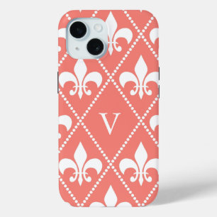 Funda Para iPhone 15 Coral Fleur de Lis con monograma