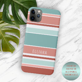 Funda Para iPhone 11 Pro Max Coral Rojo Melocotón Naranja Rayas Blancas Azul Ve