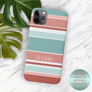 Funda Para iPhone 11 Pro Max Coral Rojo Melocotón Naranja Rayas Blancas Azul Ve