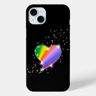 Funda Para iPhone 15 Mini Corazón arcoiris con estrellas en negro
