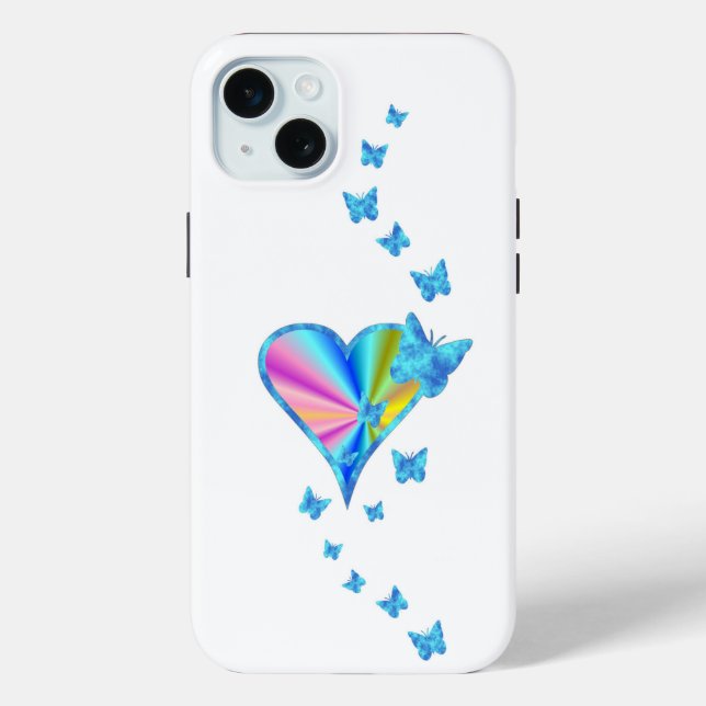 Funda De Case-Mate Para iPhone Corazón arcoiris y mariposa (Reverso )