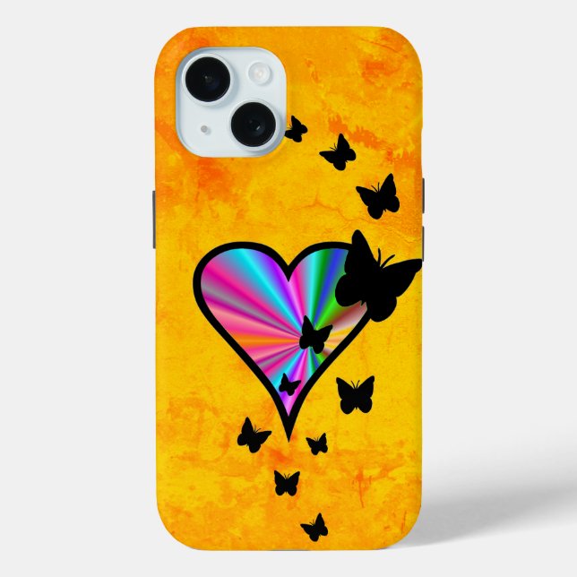 Funda De Case-Mate Para iPhone Corazón arcoiris y mariposa (Reverso )