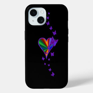 Funda Para iPhone 15 Corazón arcoiris y mariposa
